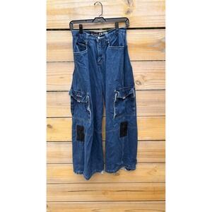 Y2K Rave Kik Girl K-Glow Wide Leg Cargo Jeans Pink Stitching Rave Pants Size 5